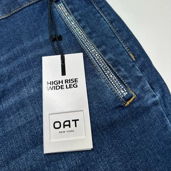 OAT NEW YORK NWT High Rise Wide Leg Jeans 10/30 Rhinestone Pocket Raw Hem - Picture 6 of 16